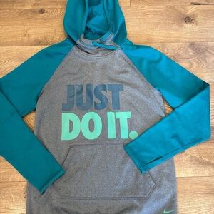 Nike Therma Fit Hoodie Size Small Gray Teal Colorblock Just Do It Pullover